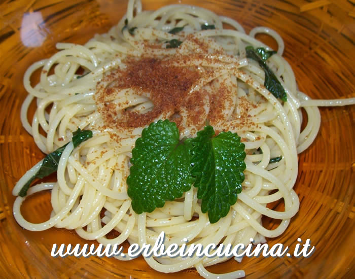 Botargo Spaghetti with Balm Leaves