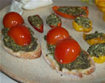 Bruschetta and roasted chilies with calamint sauce